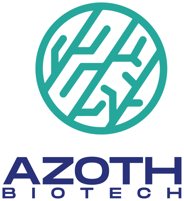 Azoth Biotech — the colour lockup: the teal monogram over the navy wordmark