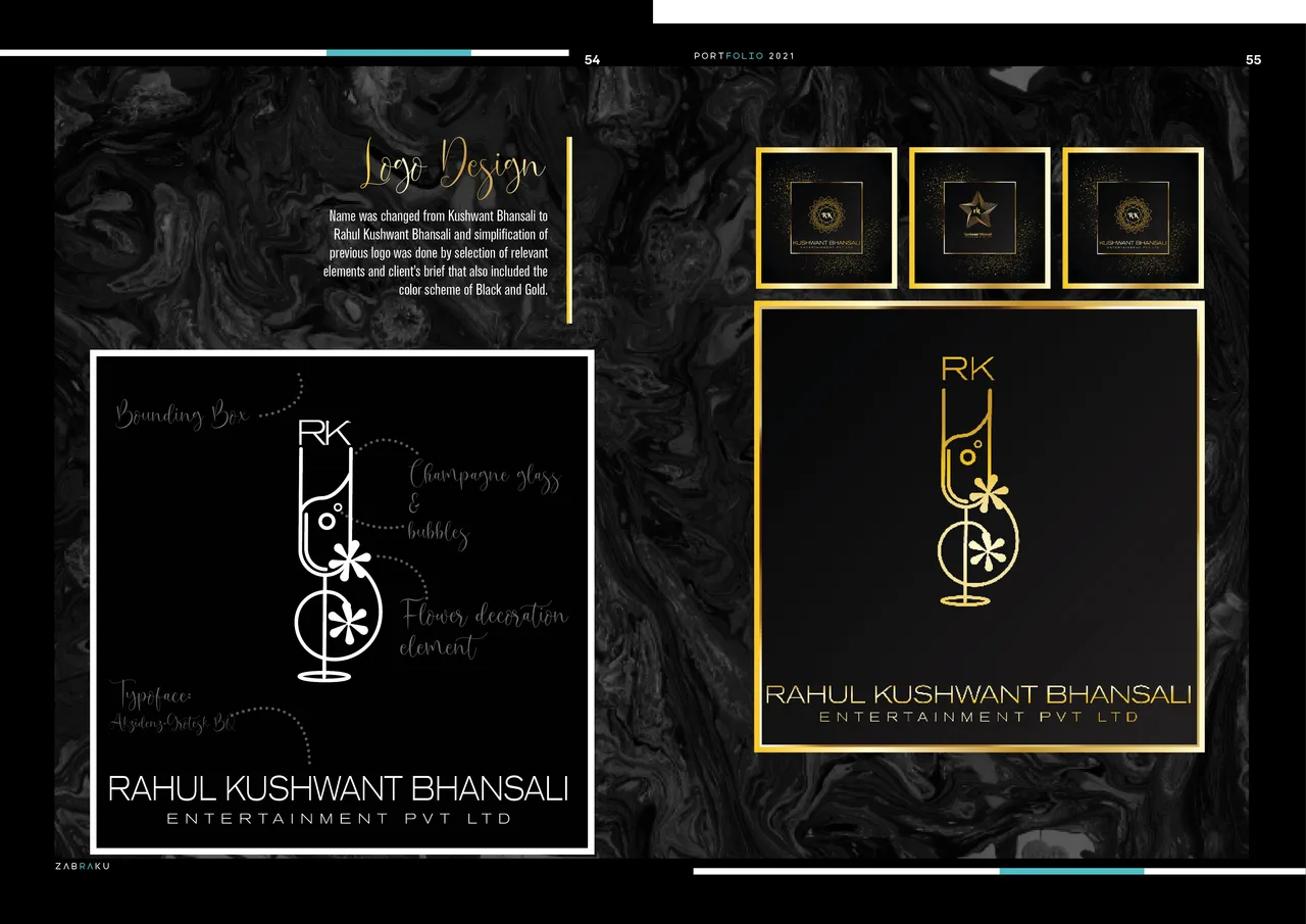 RK Entertainment — the logo design: the champagne-glass monogram on its bounding box, in black and gold.
